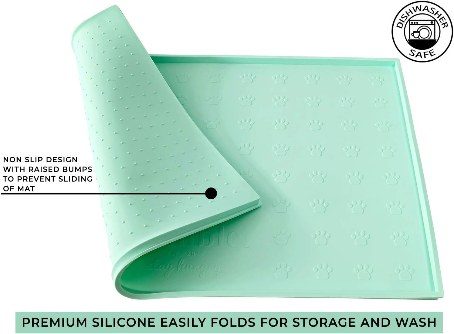 Food Mat Feeding Tray - Non-Slip, Anti-Spill, Raised Dog Food Bowl Mat, Easy Clean Waterproof - Premium Quality Silicone - Perfect for Dogs and Cats, 24"X16" (Cool Mint)