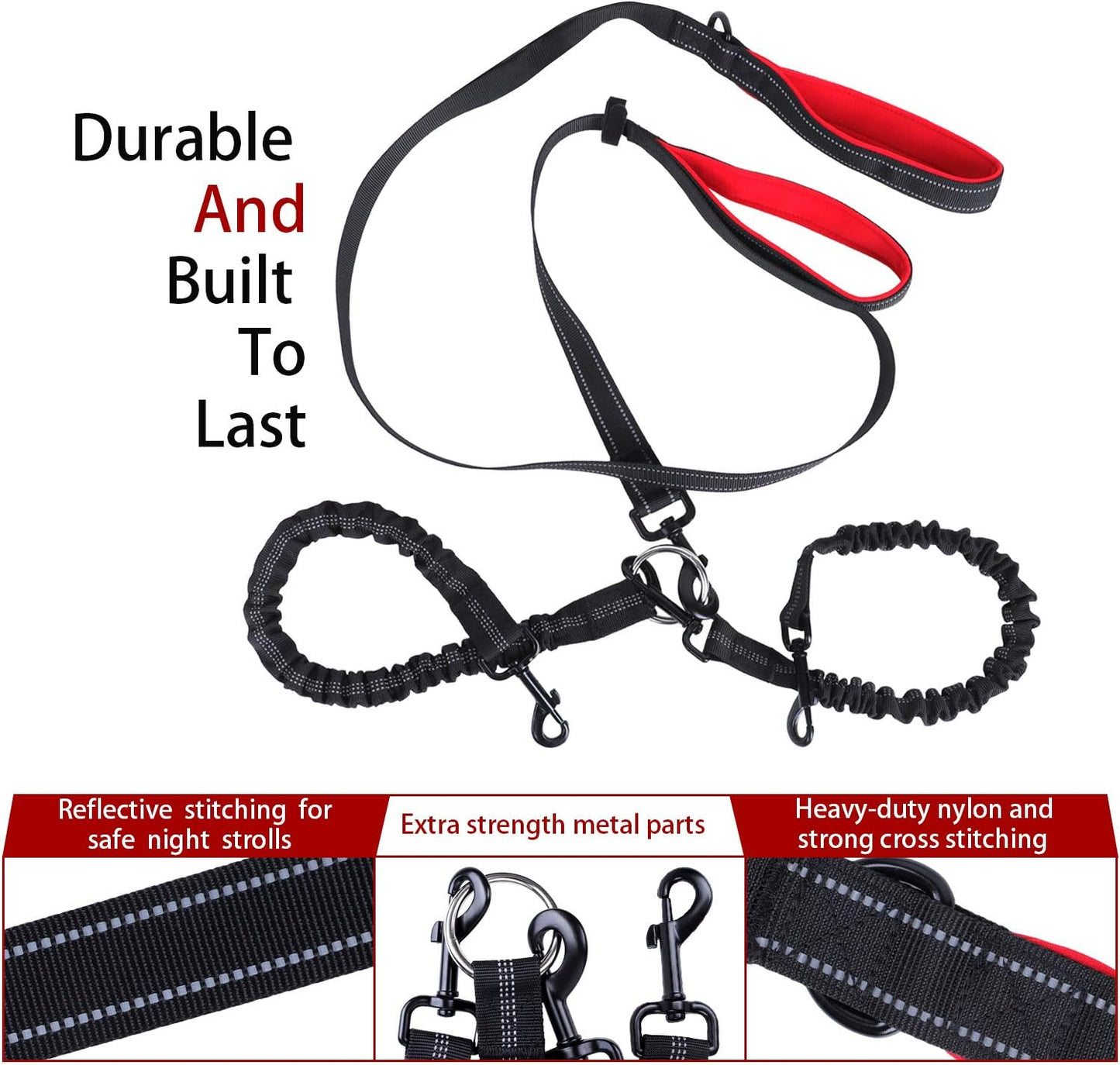 Double Dog Leash, 360° Swivel No Tangle Dog Walking Leash for 2 Dogs up to 200Lbs, Comfortable Adjustable Dual Padded Handles