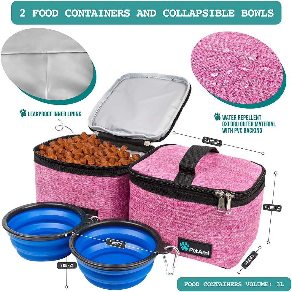 Dog Travel Bag, Travel Pet Bag Organizer, Dog Food Travel Bag with Food Container and Bowls, Dog Travel Supplies Gift Accessories for Weekend Camping, Dog Cat Diaper Bag (Pink, Medium)