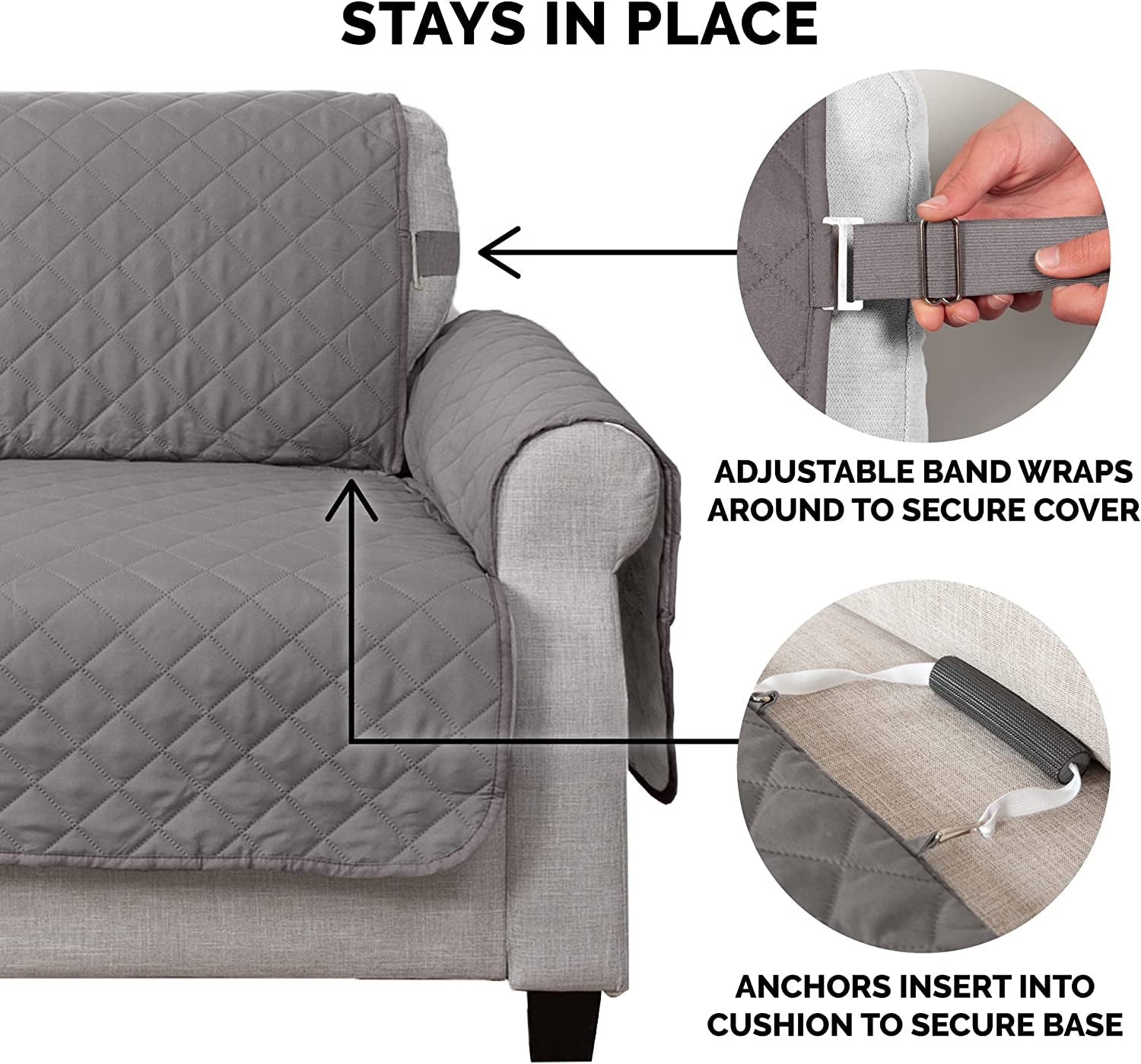 Water-Resistant Sofa Cover for Dogs & Cats, Reversible Couch Protector with Secure Straps and Pinsonic Quilted Fabric, Machine Washable Couch Cover, Large Sofa, Gray/Mist