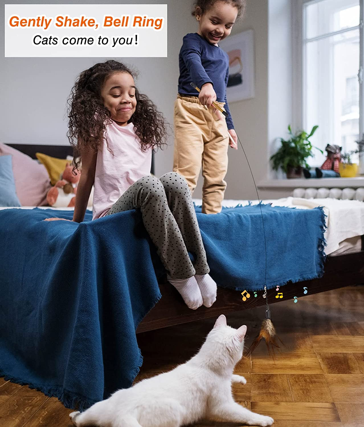 Feather Teaser Cat Toy - Interactive Wand with Extra Long 34.5" Wand and Small Bell, Fun Exerciser Playing Toy for Kittens or Cats, Brown Feather