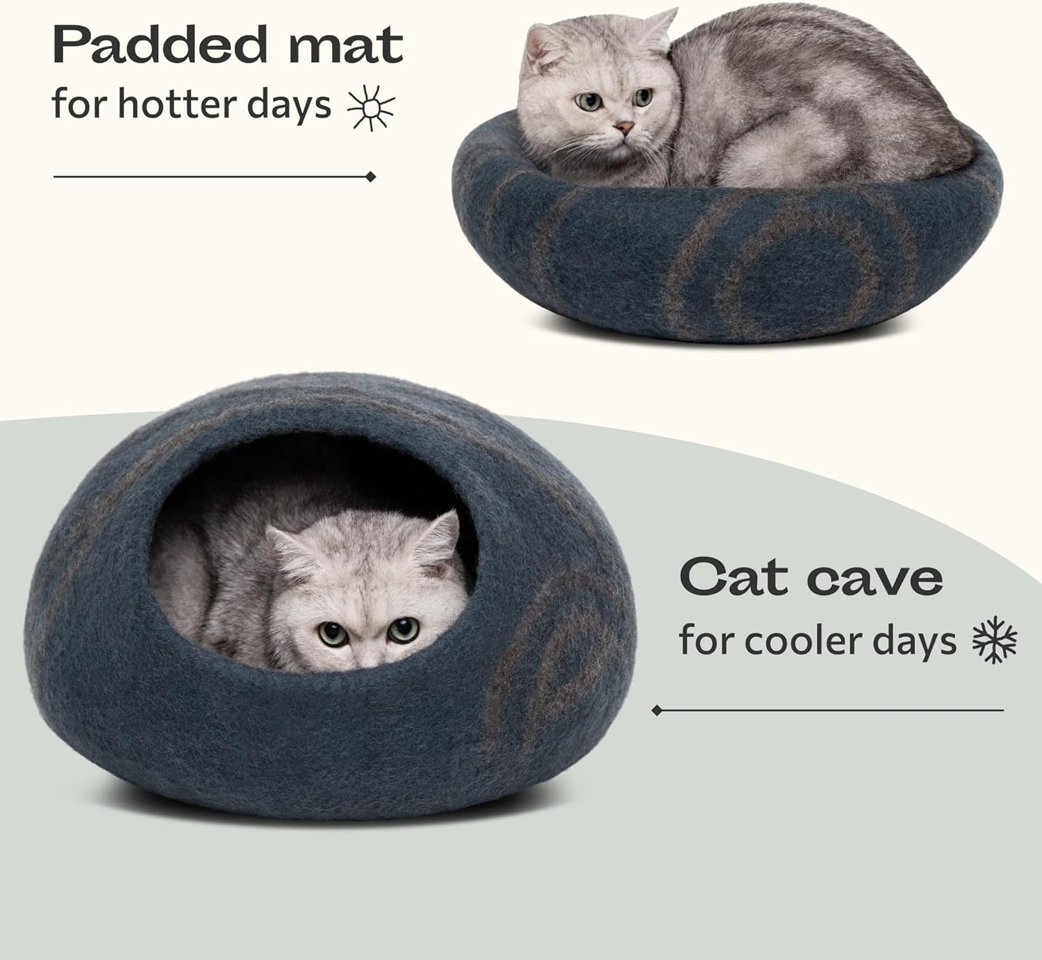 Premium Felt Cat Bed Cave - Handmade 100% Merino Wool Bed for Cats and Kittens (Large, Slate Grey)
