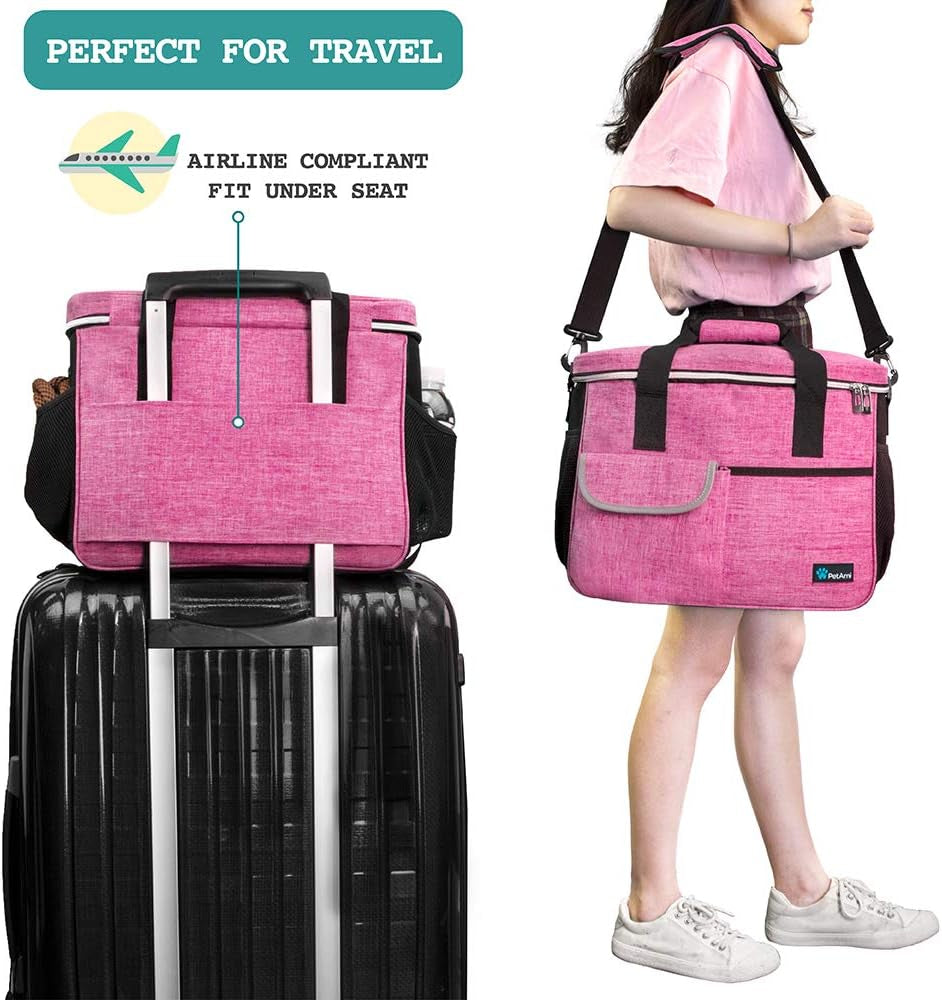 Dog Travel Bag, Travel Pet Bag Organizer, Dog Food Travel Bag with Food Container and Bowls, Dog Travel Supplies Gift Accessories for Weekend Camping, Dog Cat Diaper Bag (Pink, Medium)