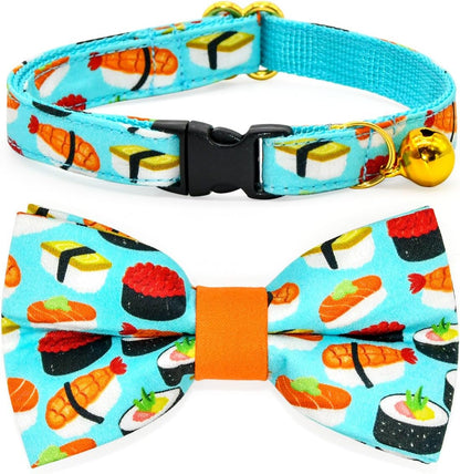 Sushi Cat Collar Bow Set, Breakaway Safety Collar, Wedding/Birthday Bowtie Collar for Kitten