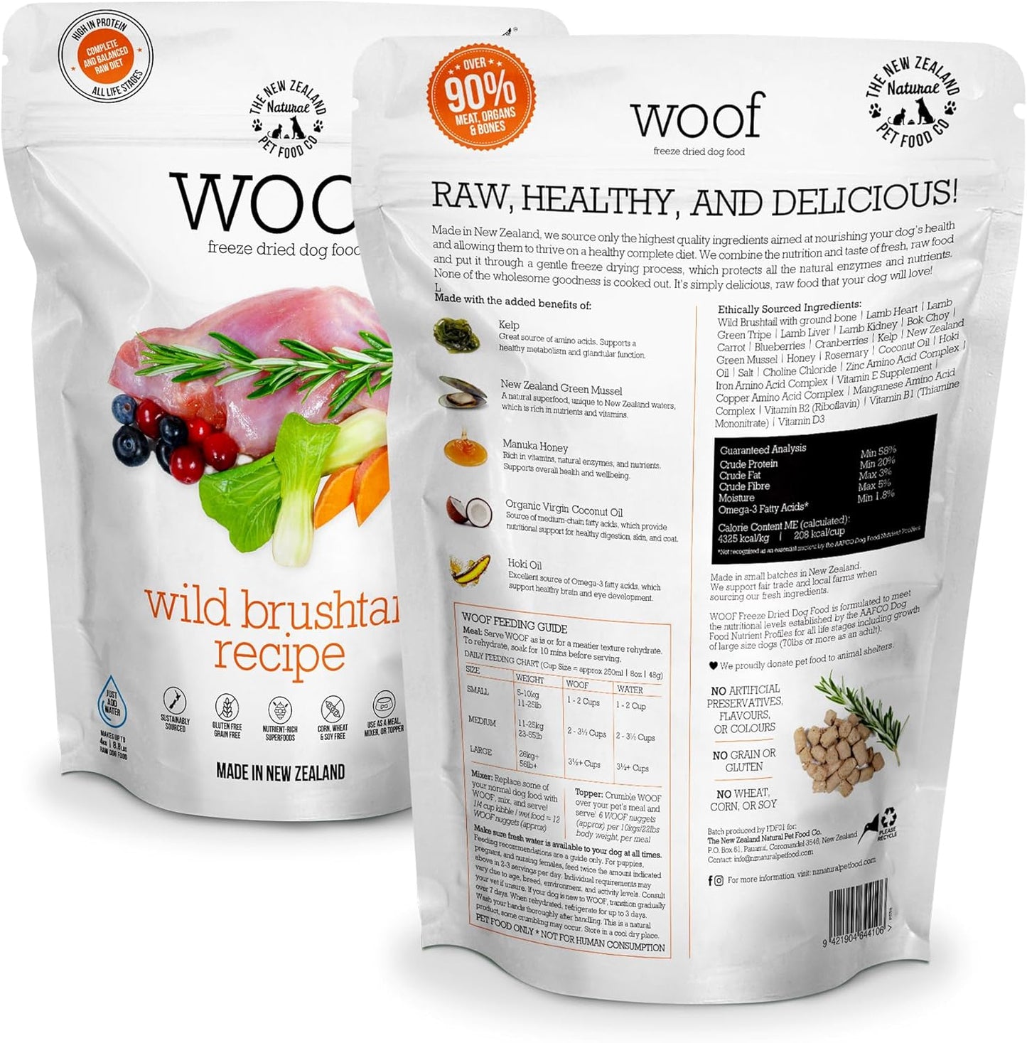 The New Zealand Natural Pet Food Co WOOF Freeze Dried Dog Food - Wild Brushtail Recipe, High Protein Dog Treats, Dog Food Toppers & Meals, 2.2 Lb